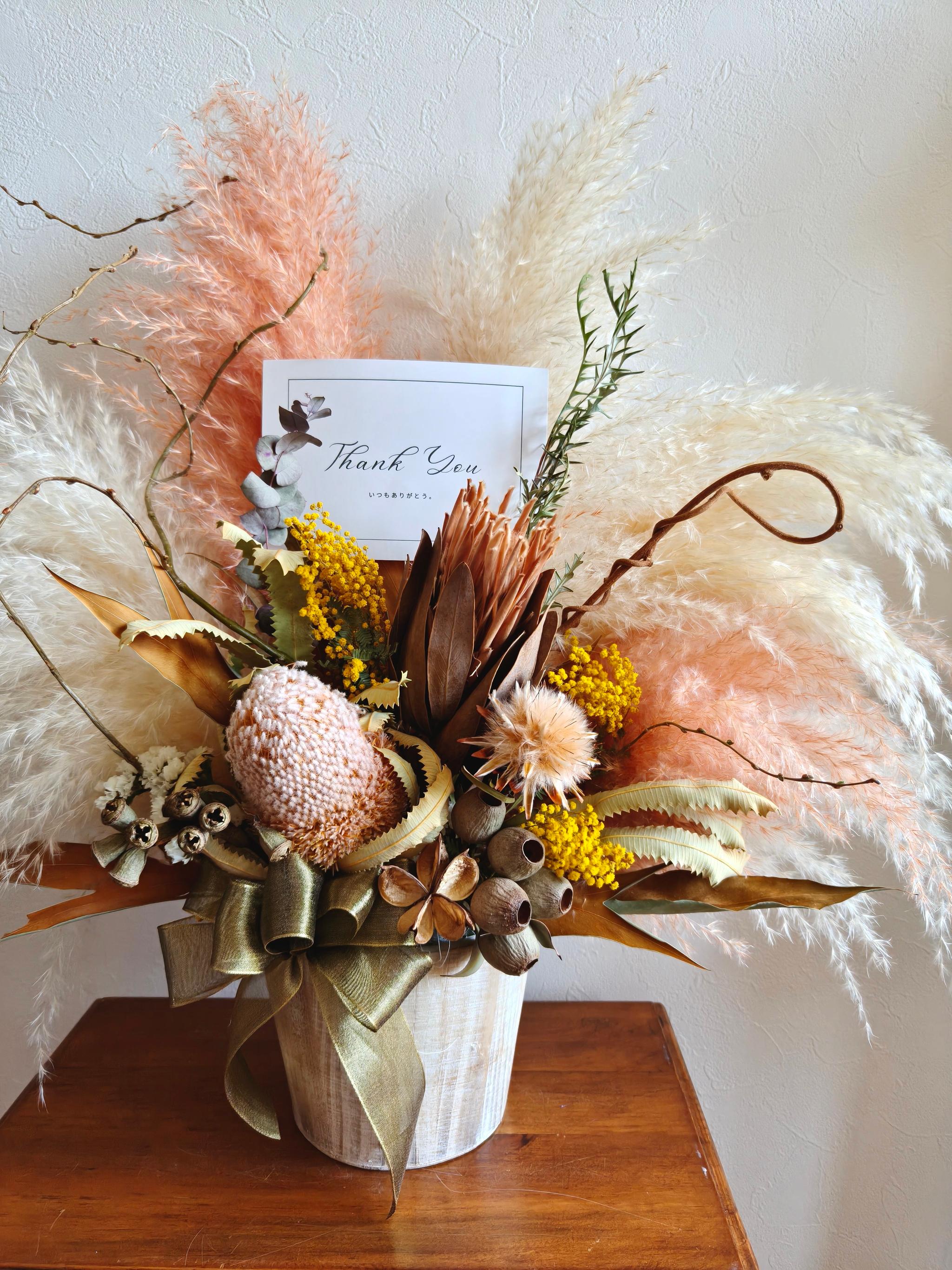 ワイルドフラワーとミモザのお祝い花L　パンパスグラス 開店祝い周年祝い新築祝い　インテリア店舗装飾　ドライフラワー | 2枚目